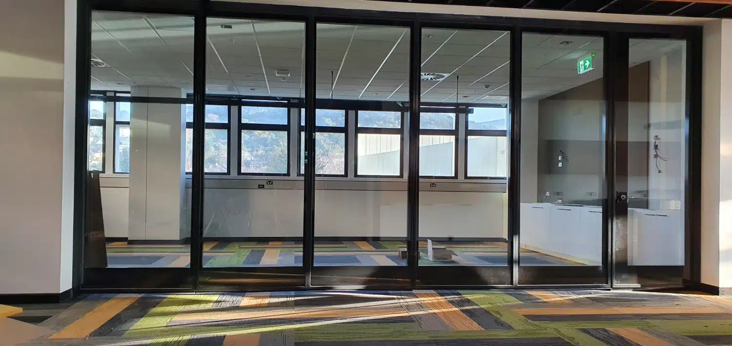 Boardroom prior to the installation of artwork being Installed by Glazing Films. Before image of the work just to be completed for the University of Otago by artist Morgan Mathews-Hale of Kaitiaki Studios that is to be applied to the interior fit out of their offices.