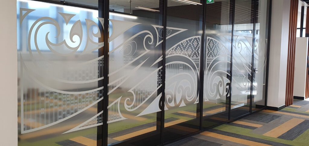Here is some work that was completed for the University of Otago by artist Morgan Mathews-Hale of Kaitiaki Studios that was applied to the interior fit out of their offices. We have a wide range of frosting and decorative window films to suit any creative ideas you may have from a bold statement of straight horizontal lines to impressive cut-outs or printed patterns.